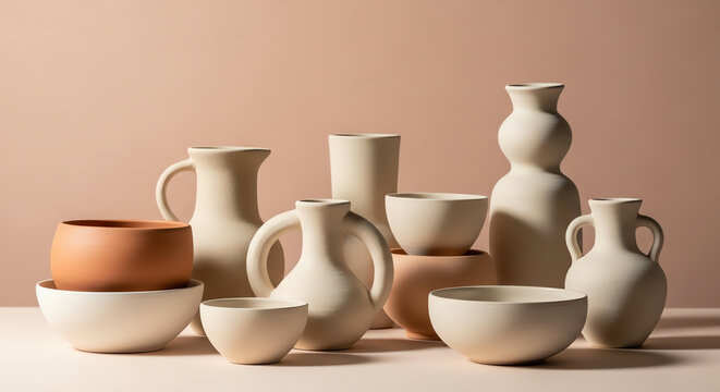 Collection of ceramic pottery on table