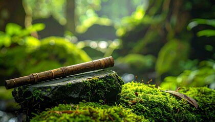 Bamboo Flute Resting Mossy Stone