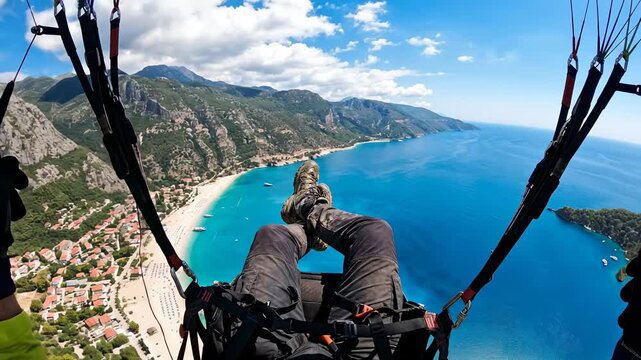 Paragliding Over Turquoise Mediterranean Coastline Aerial Adventure View