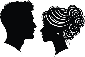 Romantic Black and White Silhouette of Elegant Couple Facing Each Other in Profile Vector Illustration for Love and Relationship Concept © Mokarrom