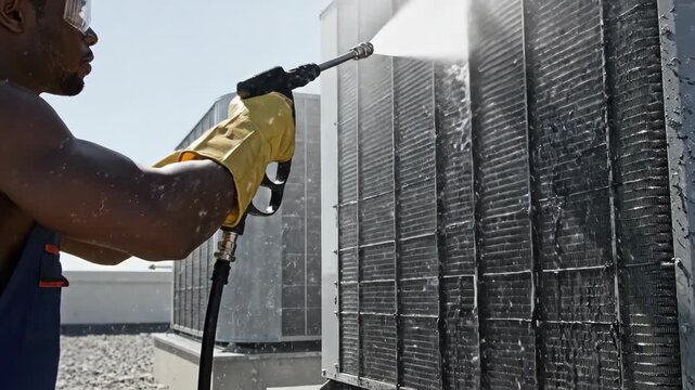 African American technician cleaning air conditioning unit with pressure washer. Man in safety helmet maintaining HVAC system outdoors during service sequence.