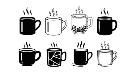 Obraz premium Set of eight simple vector icons for coffee mugs in various designs black and white hot beverage cups steaming warm drinks collection
