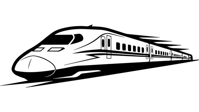 Black and white high-speed bullet train silhouette vector illustration, modern passenger railway transport side view, streamlined express locomotive design