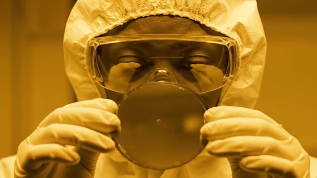 Technician in protective suit holding silicon wafer. Man examining semiconductor component in cleanroom. Precision handling process for microelectronics manufacturing industry innovation.