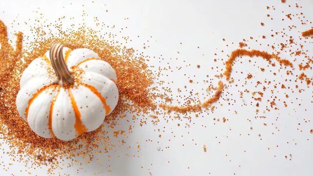 A person sprinkles orange glitter in a swirl pattern around a white pumpkin on a flat surface. This fun activity shows how to decorate for Halloween. Watch closely for an easy craft idea