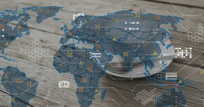 Vertical video: Appearing map moving across cafe table overlaying white cup and spoon showing data