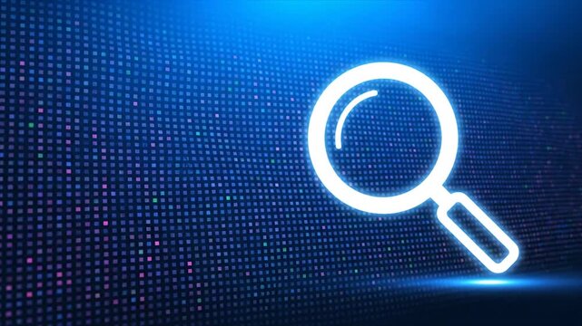 Digital magnifying glass searching data in futuristic blue binary code background