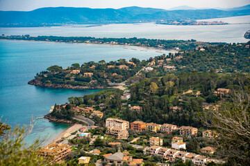 Fototapeta premium Italy Tuscany Maremma Argentario Porto Santo Stefano and Porto Ercole Pozzarello Orbetello Fort panoramic fisheye view