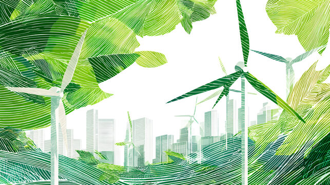 Elegant green energy concept with wind turbines and Japanese motifs