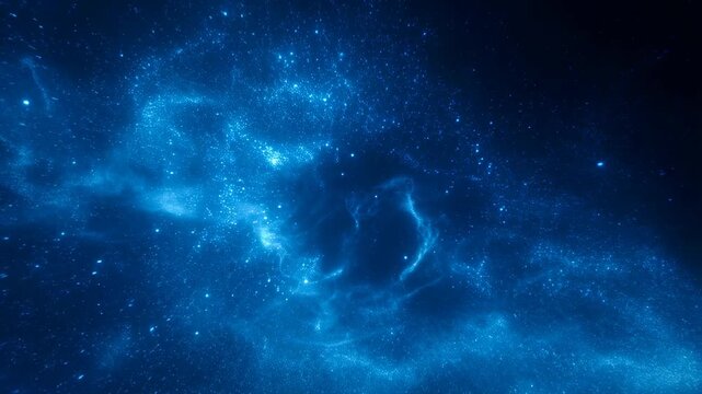 Ethereal blue cosmic background with shimmering particles and swirling nebulae. Perfect for science fiction themes and space exploration visuals