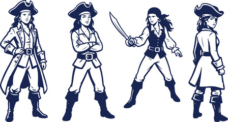 Hand Drawn Pirate Captain Character Set Vector Illustration, Vintage Buccaneer Sketch Collection.