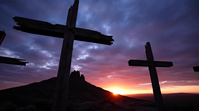 Three wooden crosses stand on a rocky hill as the sun sets behind distant mountains casting orange and blue hues across the sky. Silhouettes symbolize christian faith resurrection and hope in a