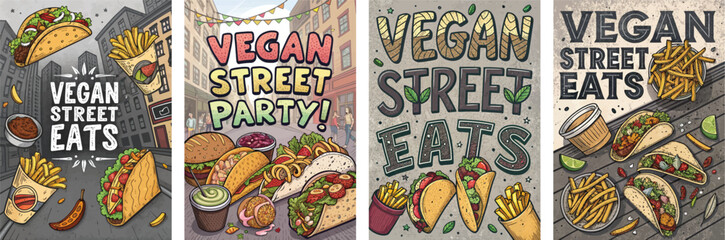Obraz premium Colorful illustrations of vegan street food, featuring tacos, fries, and desserts.