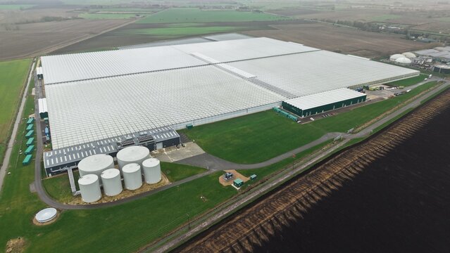 Aerial view of the expansive Fenland Glasshouse Energy Centre sprawling across the landscape, its glass roofs reflecting the sky, Chittering, Cambridge, United Kingdom.