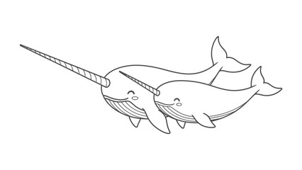 Whimsical Narwhals' Family: A heartwarming illustration of two adorable narwhals, one larger and the other smaller, playfully embracing, their whimsical smiles radiate joy and tenderness. © Nadim