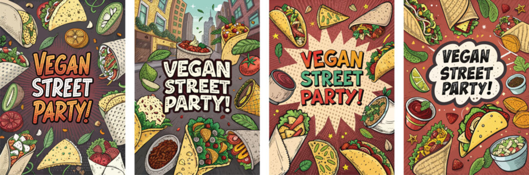 Vibrant vegan street party posters featuring colorful food illustrations.