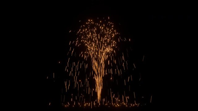 Glowing fire sparks fountain overlay on black background, loop 3d motion for compositing.