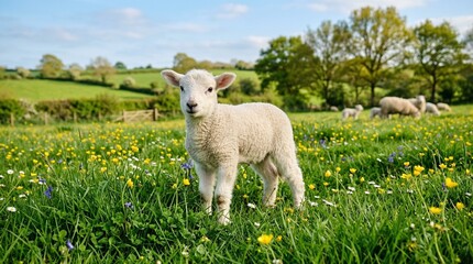 Obraz premium Lamb standing in green meadow with vibrant wildflowers
