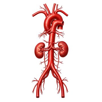 Anatomical Illustration of Human Circulatory System Featuring Aorta, Arteries, and Kidneys on White Background