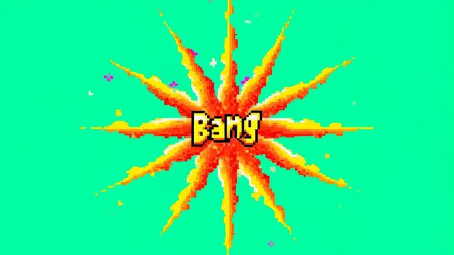 Colorful explosion graphic with the word "Bang" in a retro pixel art style. Represents excitement, action, and dynamic visuals for creative projects