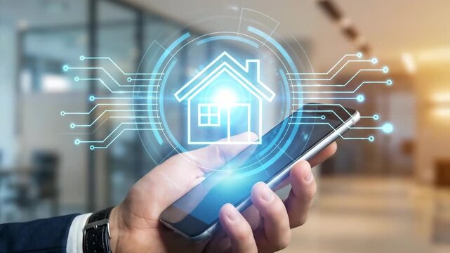 Businessman holding smartphone with digital smart home interface. Modern technology for residential property control. Concept of house automation, mobile app development and internet of things.