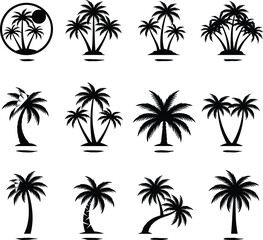 Fototapeta premium Tropical palm tree silhouette vector icon set, black coconut palm collection with island beach scenes isolated on white background for summer travel design
