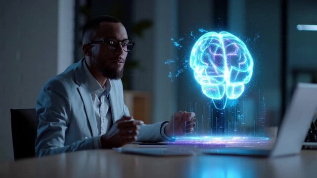 Man studying digital holographic brain projection with futuristic interface and laptop in modern office, showcasing AI and neuroscience innovation for learning and research in a high-tech environment