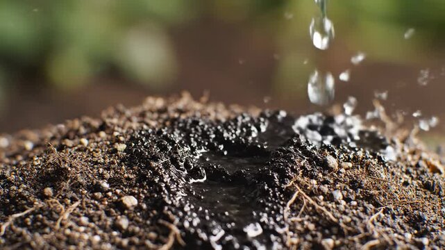 Water droplets fall onto a mound of soil, creating a small puddle as the moisture seeps into the earth, showcasing the interaction between water and soil in a natural setting