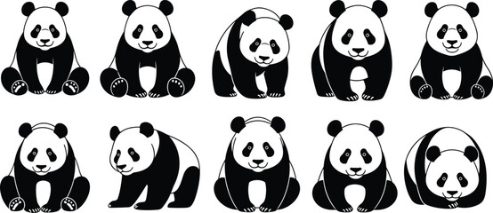 Collection of ten cute giant panda vector illustrations in various sitting and standing poses isolated on white background for wildlife design © Shoriful