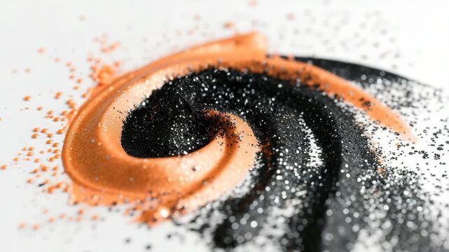 A swirl design is formed by mixing orange and black glitter on a white sheet. The glitter sparkles as it flows, creating an interesting pattern with simple movements