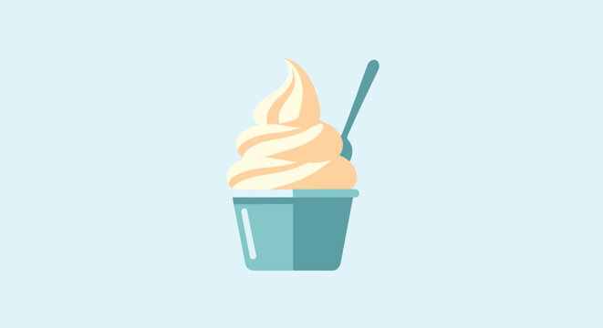 Delicious soft serve vanilla ice cream or frozen yogurt is served in a light blue cup with a small spoon on a pale background.