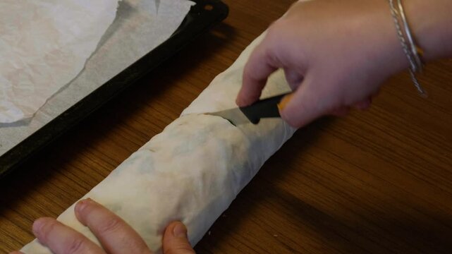 Raw Rolled Pastry Dough and Placing on Oven Tray