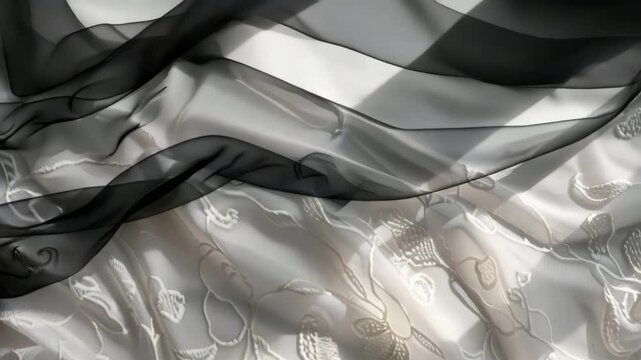 Soft fabric lays flat while light creates shadows. Lace pattern and sheer material form interesting shapes. A simple display of textiles reveals delicate details and designs