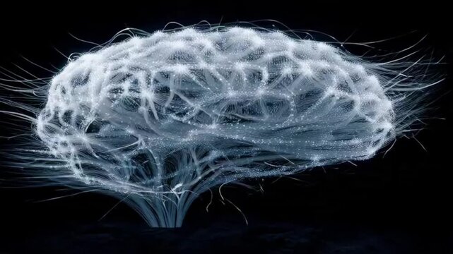 Digital Brain Network with Glowing Connections and Energy Trails Illustrating Advanced Cognitive Processing and Neural Activity