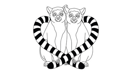 Lemurs Heart Shape Outline: Two charming lemurs, artfully arranged, their striped tails intertwining to form a heart, a symbol of affection and connection. © mstmahmuda