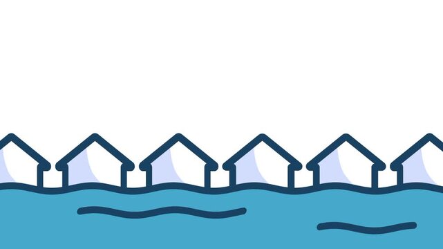 A series of white houses sits partially submerged in blue water representing a flood scenario where the sea level has risen above the ground floor