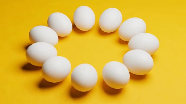 White eggs arranged in a circle on yellow surface. Circular formation of fresh eggs in food still life. Healthy breakfast ingredient composition and cooking concept for nutritious meals.