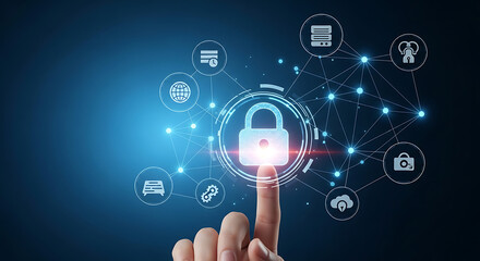 Fototapeta premium Digital security and network connection concept with glowing lock icon and interconnected nodes
