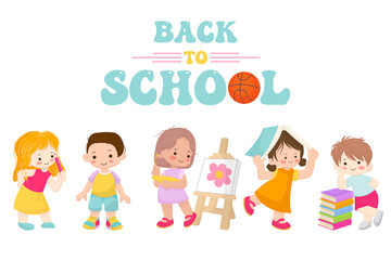 Naklejka premium Back to school banner with cute diverse children students studying, painting and reading. Flat vector illustration of kids education concept isolated on white.
