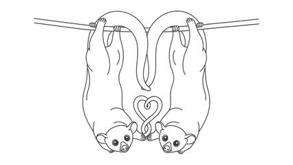 Fototapeta premium Playful Sloths in Love: Two adorable sloths suspended from a single line, their tails intertwining to form a heart, embodying affection and connection.