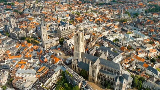 Ghent, Belgium. Cathedral of Saint Bavo. Panorama of the central city from the air. Cloudy weather, summer day. Drone footage, Point of interest