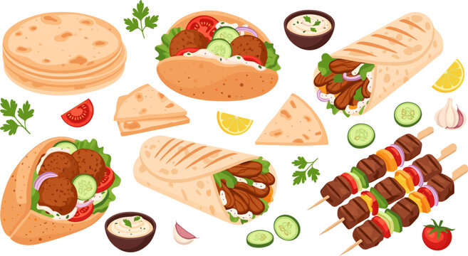 Middle Eastern Street Food Collection with Shawarma Wraps, Falafel Pita, Flatbread, Kebab Skewers, Garlic Sauce, and Fresh Vegetables Vector Illustration Set