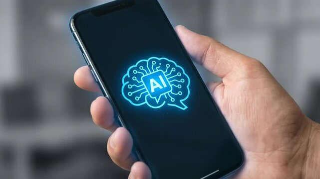 Man using smartphone to interact with holographic artificial intelligence symbol. Conceptual digital interface of chatbot technology. Modern communication and smart connectivity innovation.
