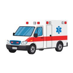 Illustration of a white and red ambulance with blue medical star on a plain white background.