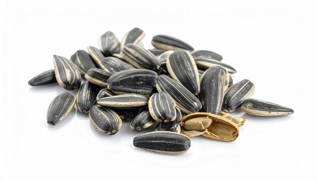 "Pile of sunflower seeds, shells striped black and white, kernels revealed within&mdash;an evocative portrayal of nourishment, growth, and the natural cycle of sustenance and renewal."
