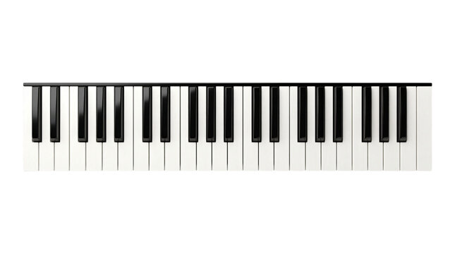 A piano keyboard with black and white keys isolated on transparent background