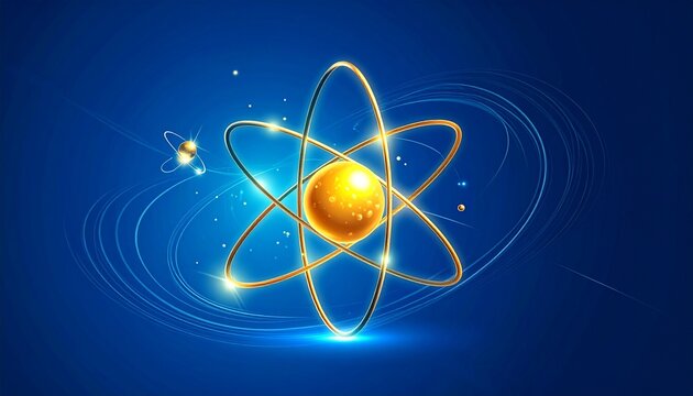 "Golden nucleus radiating energy, electrons orbiting in luminous paths, deep blue backdrop alive with sparkles&mdash;an evocative portrayal of atomic structure, matter, and universal dynamics."