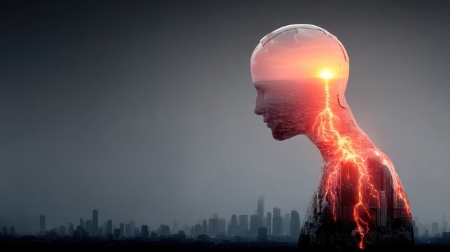 Futuristic Mind Over City Silhouette with Lightning