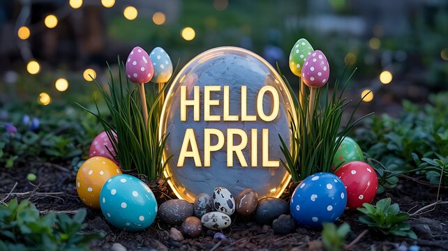 Hello April glowing egg centerpiece with colorful Easter eggs and soft bokeh lights in grassy outdoor spring setting
