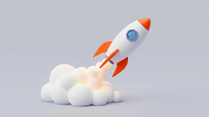 Stylized 3d rocket ship launching with large white smoke clouds against solid gray background illustrating growth concept © Rasel